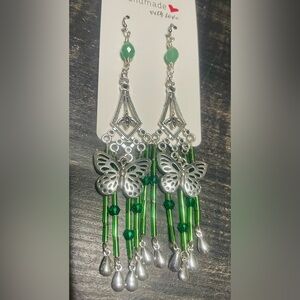 Handmade Silver and Green Butterfly Chandelier Earrings